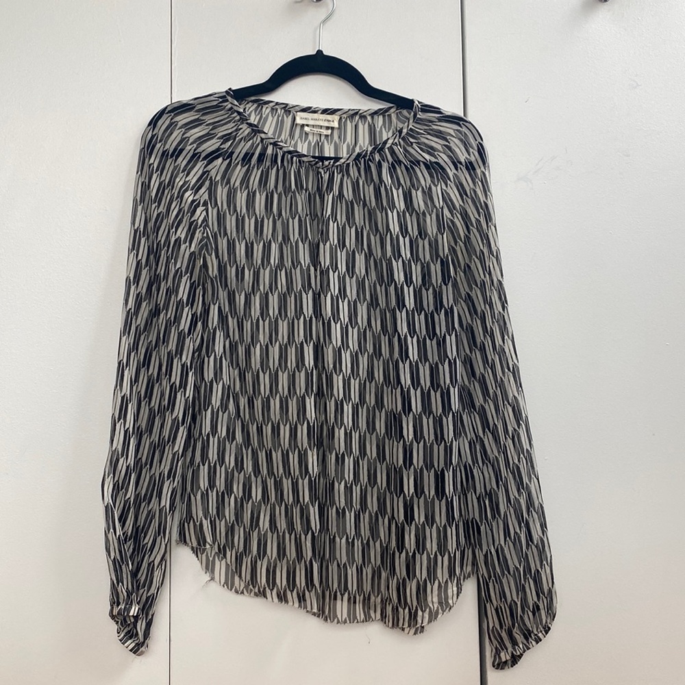 Isabel Marant - Black & White Silk Long Sleeve Blouse
